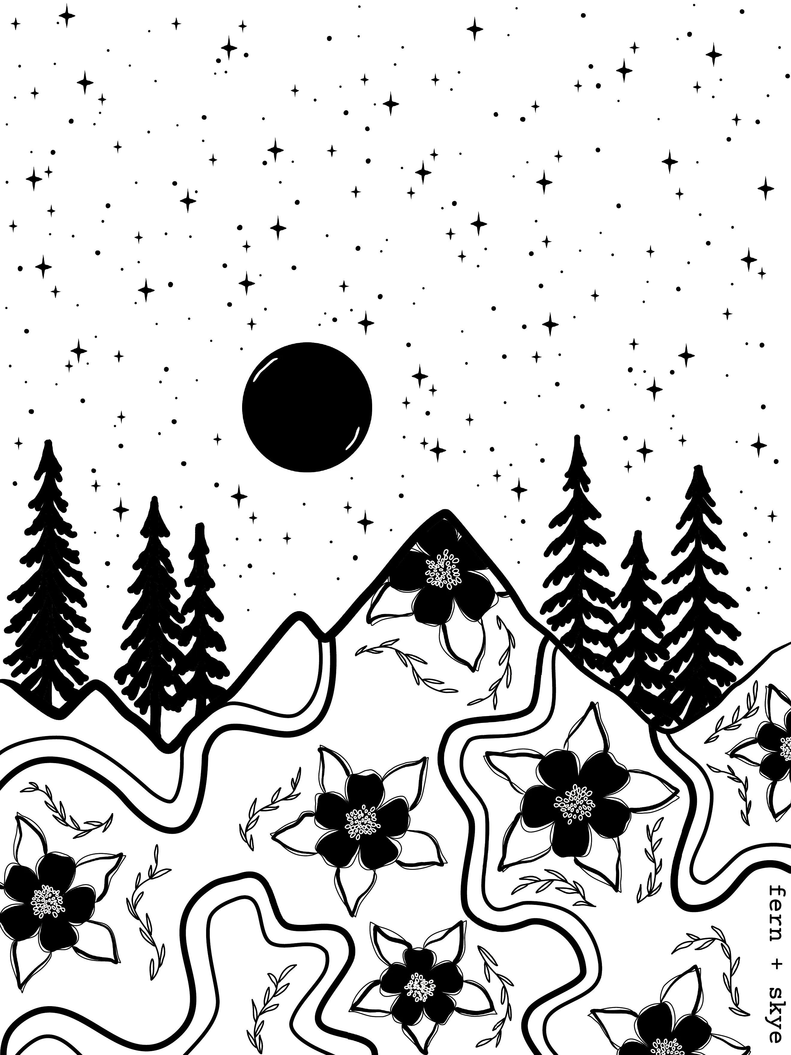 Colorado Columbine Rockies — a hand-drawn night scene of pines, mountains, a full moon and columbine flowers, prepared as a one-color screen print
