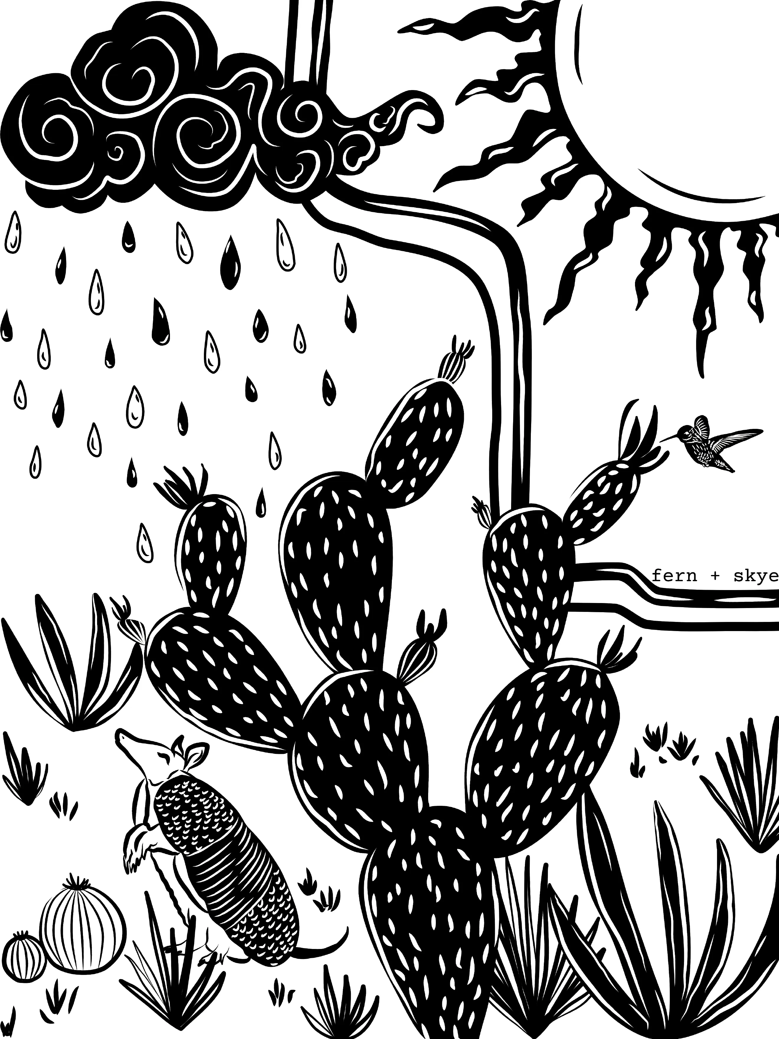 Rain or Shine — a hand-drawn desert scene with cactus, hummingbird, armadillo, rain cloud and sun, prepared as a one-color screen print