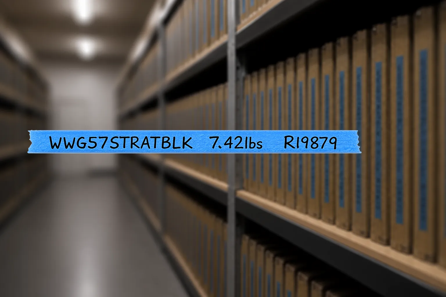 Inventory shelving with hand-applied tape labels — Wildwood Guitars