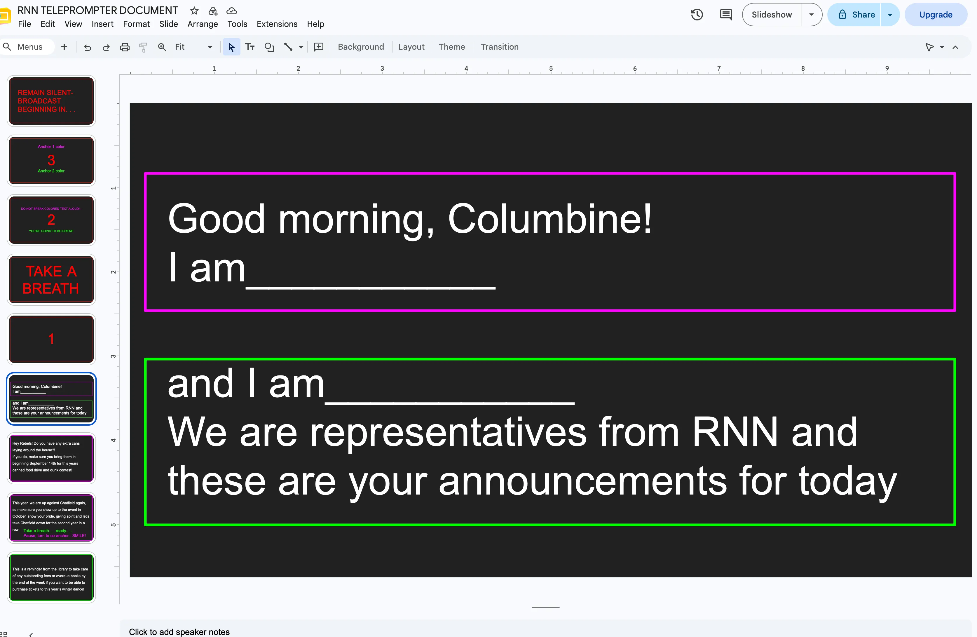 The RNN teleprompter deck — white text on black with a fuchsia-bordered block for the left anchor and a green-bordered block for the right anchor