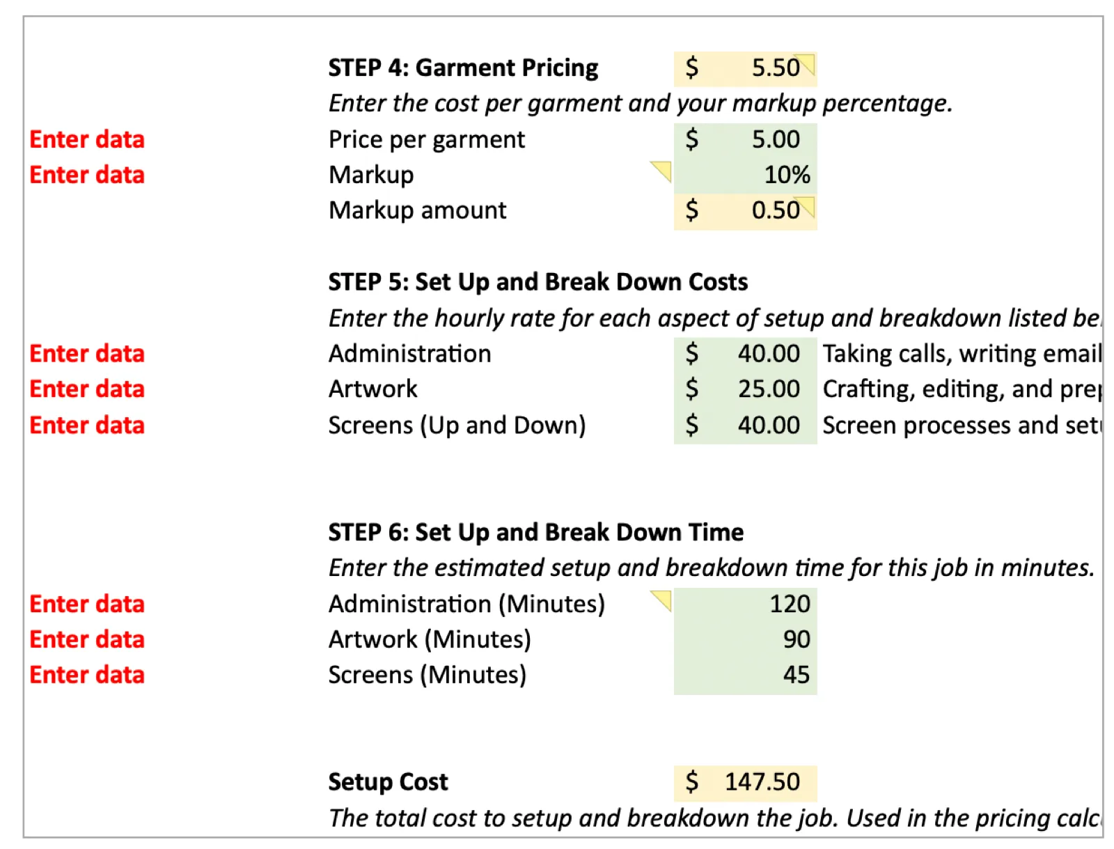 A garment costing screen listing blank cost, markup, and resulting per-garment pricing inputs